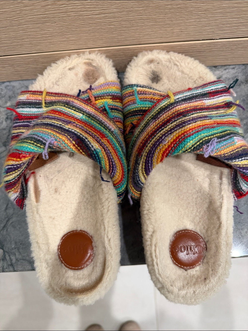 Chloe Cream Shearling Slide Sandals with Multicolor Woven Straps